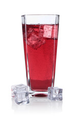 Sweet soda water in glass and ice cubes isolated on white