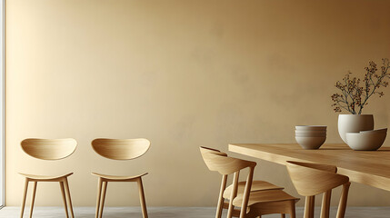 Minimalist dining room, wooden chairs, table, beige wall, natural light, interior design