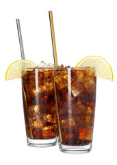 Refreshing cola with slices of lemon, ice cubes and drinking straws in glasses isolated on white