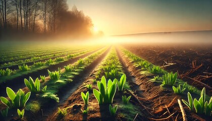 Naklejka premium 春の芽吹きと朝霧に包まれる畑｜Spring Sprouts in Morning Mist