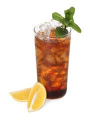 Refreshing cola with ice cubes, mint and lemon isolated on white