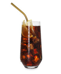 Refreshing cola with slices of lemon, ice cubes and drinking straw in glass isolated on white