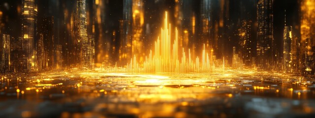 Golden Futuristic Cityscape Digital Hologram Data Growth Success