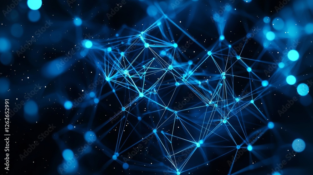 Poster a dark background illuminated by an intricate network of lines and dots, symbolizing advanced digita