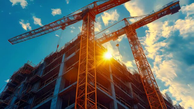 Tower cranes and high-rise building under construction against a blue sky, with sunlight highlighting the structure and scaffolding