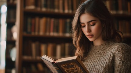 Young woman reading a book in a cozy library filled with shelves of vintage literature during the afternoon