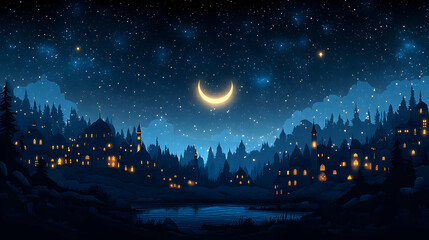 Fototapeta premium Night, Crescent Moon, Village, Lake, Stars, Fantasy, Peaceful, Illustration, Background, Design