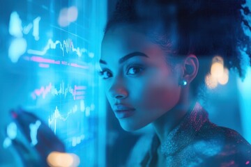 female data analyst working with holographic financial projections, modern office setting, cool blue tech lighting