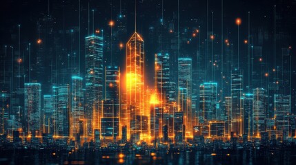 Naklejka premium Futuristic Cityscape 2025 Glowing Smart City Digital Technology Urban Development