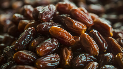 A close-up image of a large pile of dates, showcasing their rich texture and dark brown color.