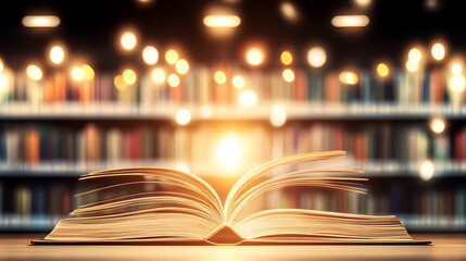Book of Knowledge Opened in a Library with Bokeh Lights Shining Bright for Learning and Imagination