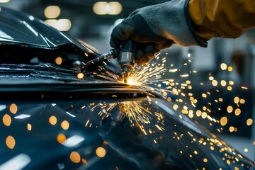 Skilled auto body welder at a contemporary repair shop repairing vehicle damage following an accident.