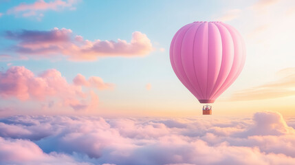 Obraz premium Experience breathtaking adventure with a pink hot air balloon gently floating over serene, cloud-filled skies at sunrise.
