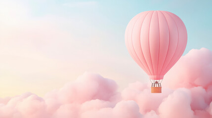 Fototapeta premium Pink hot air balloon soaring through soft pastel clouds, creating a dreamy sky adventure perfect for travel inspiration.