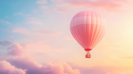 Obraz premium Hot air balloon gliding through serene sunset sky, symbolizing adventure and tranquility. Experience breathtaking views and peaceful ascent.