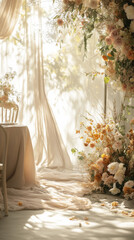 whimsical boho wedding scene with soft lighting, floral arrangements, and elegant decor creates romantic atmosphere