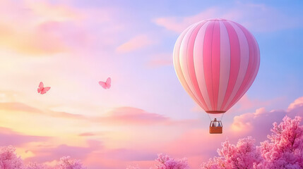 Obraz premium Pink hot air balloon glides over vibrant cherry blossom landscape during serene sunset, evoking tranquility and wanderlust in spring.