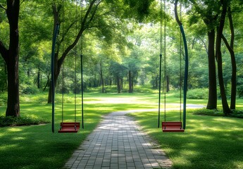 Obraz premium Serene park swings await playful hearts, bathed in sunlight's gentle embrace.