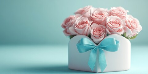 Pink Roses in Heart Box: A delightful bouquet of pale pink roses nestled in a heart-shaped box, adorned with a delicate light blue ribbon. A perfect image for expressing love, affection, and romance.