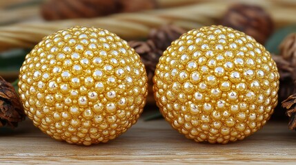 Gold stud earrings on wooden surface with natural background