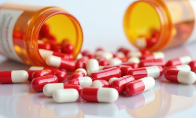 Capsules spilled from bottles on table