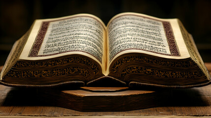 Obraz premium Open holy book on wooden stand, dark background, religious study