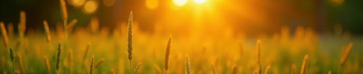 Golden hour sun rays filtering through tall grass, blurred background, peaceful, vibrant