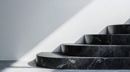 Modern black marble staircase, sunlight, minimalist interior, product display