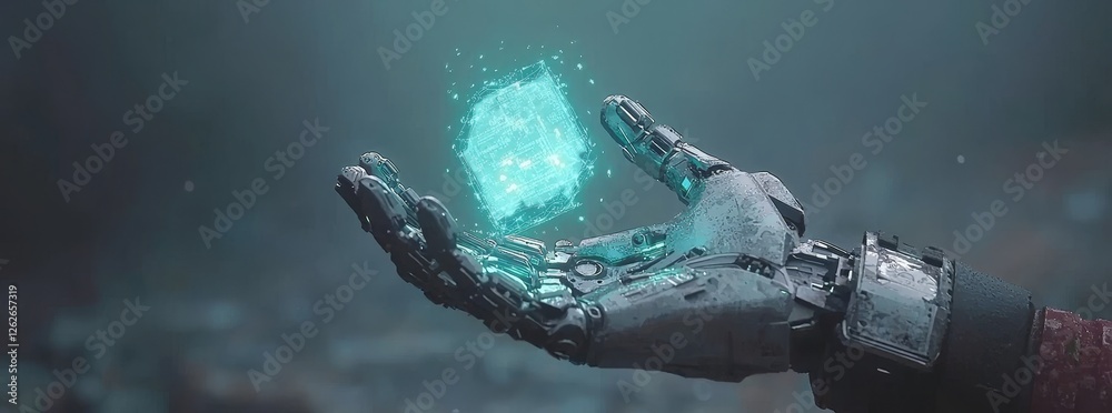 Poster a futuristic vision captures a robot ai hand and an artificial arm, emphasizing intelligent technolo