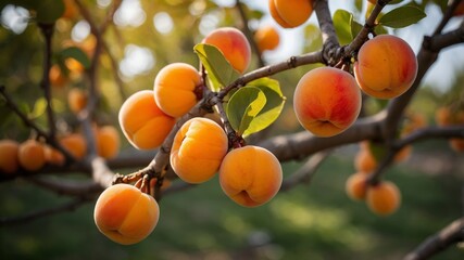 A vibrant close-up of ripe apricots on a branch, ready to be picked in the orchard garden.