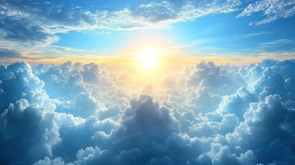 Heavenly sunrise above cloudscape, aerial view