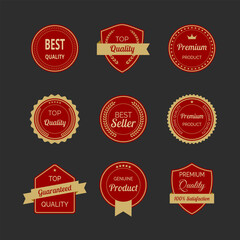 Vector illustration set of high quality labels and badges in red and gold color. Includes premium, certified designs for seals and stamps. Ideal for certification, assurance, and premium tags