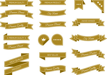 Collection of elegant and modern gold ribbons and banners. Premium Product labels, Award Winner badges and Best Seller ribbons. Isolated vector illustration designs for branding and marketing