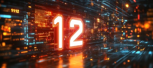 Glowing Digital Number 12 in Futuristic Style on Digital Abstract Technology Background