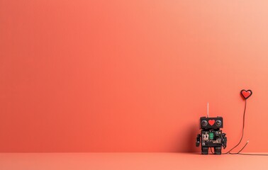 Obraz premium Cute Robot with Heart on Chest against Orange Background. Generative-AI