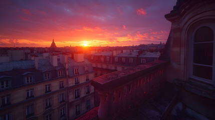Parisian rooftop sunset view, city skyline, vibrant sky, romantic ambiance, travel postcard