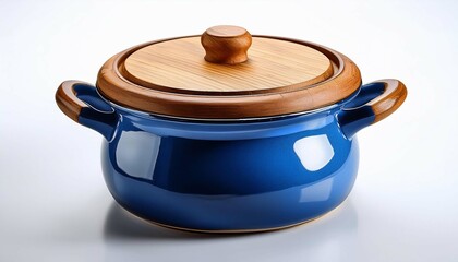 A blue crock with a wooden lid, perfect for storing liquid or food items. This tableware pie