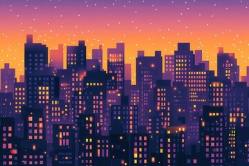 geometric cityscape at twilight, countless illuminated windows creating a mesmerizing pattern against dark architectural silhouettes, purple-orange sky