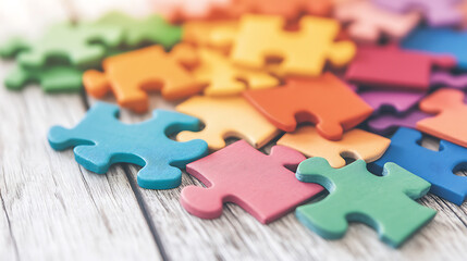 Colorful Puzzle Pieces Scattered on Rustic Wooden Surface Symbolizing Connection and Problem Solving
