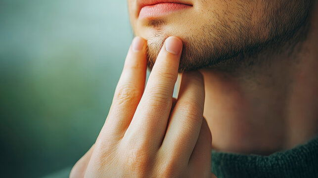 Thoughtful man with beard touching chin, contemplating ideas. Boost your creativity and focus with our mindfulness tips.
