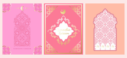 Happy Ramadan Kareem Islamic set cards template with Ramadan art in Geometric style  Vector collection