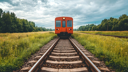 Rural train approaching, summer countryside, cloudy sky, transportation