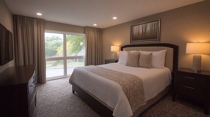 Cozy Bedroom Interior Featuring Bed Nightstands and Neutral Tone Decor Accents and Natural Light