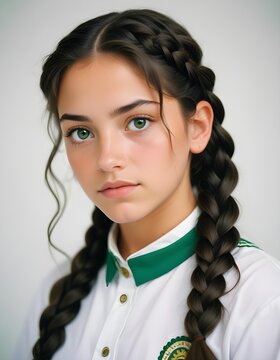 Mexican girl with bold braids and expressive eyes, softly lit against a plain backdrop