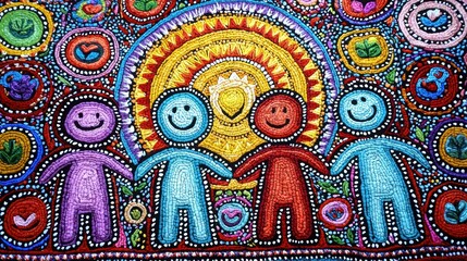 Obraz premium Vibrant Tapestry Depicting Unity and Happiness with Colorful Characters and Symbols of Life