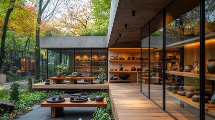 Modern Japanese tea room, fall foliage, outdoor display, pottery shop