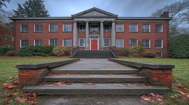 Grand brick building steps, autumn day, cloudy sky, historical