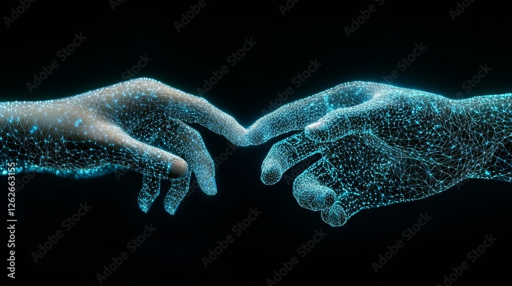 Poster abstract background features hands engaging with a digital transformation virtual screen, accompanie