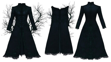 Dark Victorian Inspired Long Dress Design with Lace Accents and Stand Up Collar Fashion Forward