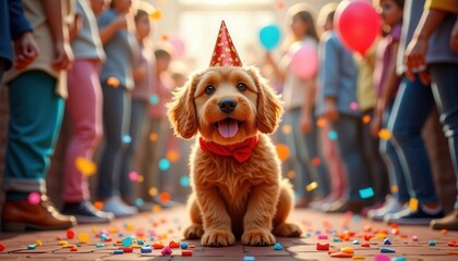 Obraz premium Celebrating a joyful birthday party with a playful dog wearing a festive hat surrounded by cheerful guests and colorful decorations